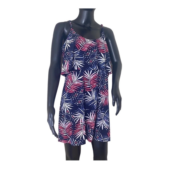 Women Express Red White Navy Palm Print/Tropical Summer Mini Dress Sz M - Picture 1 of 15